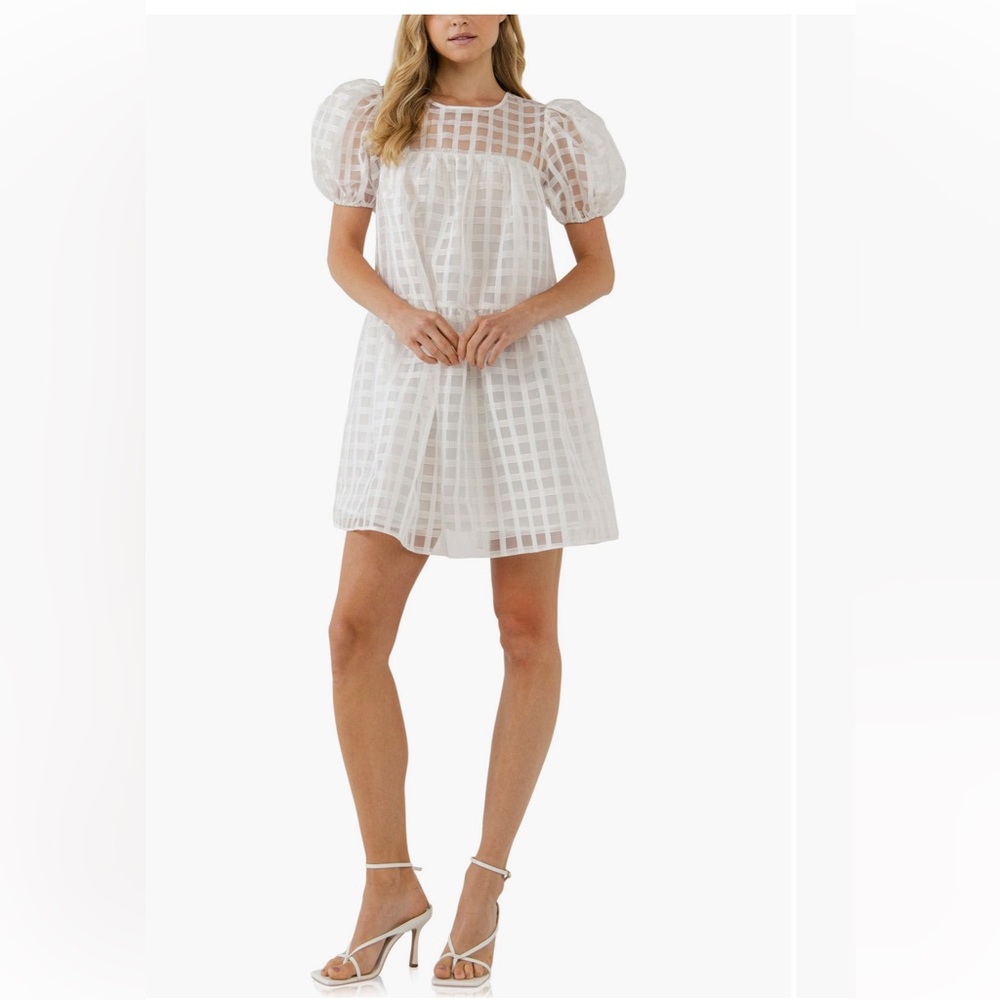 English Factory Gridded Puff Sleeve Dress